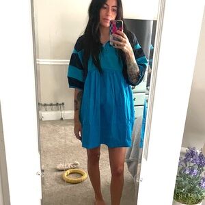 Women Patchwork Oversized Mini Dress Striped Colorblock Half Sleeve Collar Dress